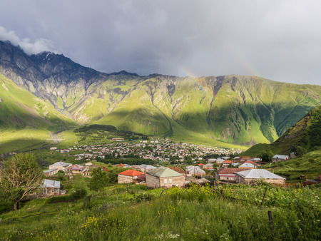Stepantsminda  formerly Kazbegi  in Georgia, Caucasus, in the late evening の写真素材