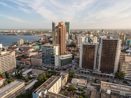 Modern skyscrappers in downtown of Dar es Salaam in Tanzania, East Africa, in the evening, at sunset. Horizontal orientation.のeditorial素材