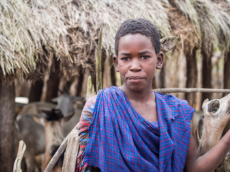 Maasai child next to a goat croft in Maasai boma village in Tanzania, Africa.のeditorial素材