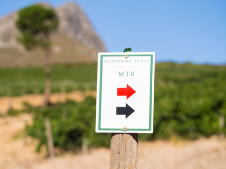 HELDERBERG NATURE RESERVE, SPUTH AFRICA - FEBRUARY 16, 2016: Sign showing the way for red and black trails in Helderberg Nature Reserve. Vines in the background.のeditorial素材