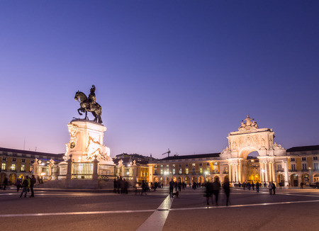 Praca do Comercio with the statue of King Jose I in downtown of Lisbon, Portugal, by night.のeditorial素材