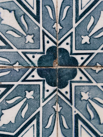 Green azulejos, old tiles in the Old Town of Lisbon, Portugal, close up.の写真素材