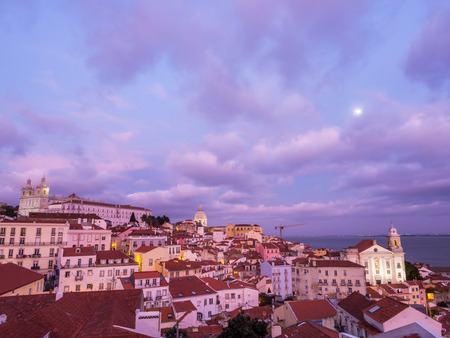 LISBON, PORTUGAL - JANUARY 10, 2017: Cityscape of Lisbon, Portugal, seen from Portas do Sol, at sunset.のeditorial素材