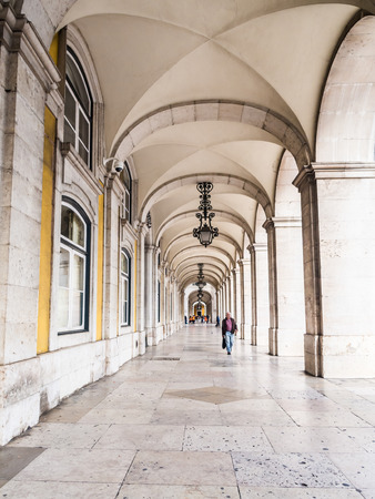 Arcade in Ministerio da Justicia (Justice Ministry) on Praca do Comercio (Commerce Square) in Lisbon, Portugal.のeditorial素材