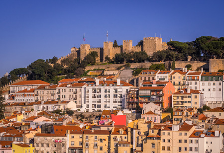 Sao Jorge Castle in Lisbon as seen from Miradouro do Elevador de Santa Justa (view point at the top of Santa Justa Elevator).のeditorial素材