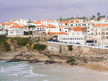 PRAIA DAS MACAS, PORTUGAL - MARCH 19, 2017: Praia das Macas (Apple Beach) in Colares, Portugal, ona stromy day.のeditorial素材