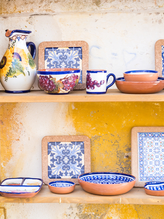 Traditional Portuguese pottery sold as souvenirs in Obidos.の写真素材