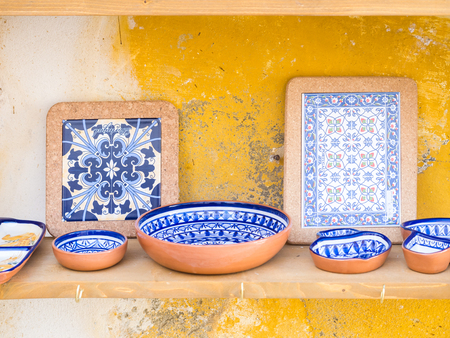 Traditional Portuguese pottery sold as souvenirs in Obidos.