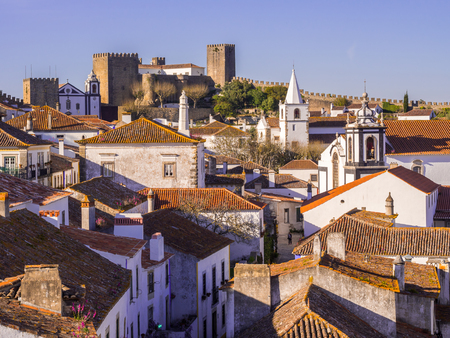 Cityscape of Obidos, Portugal, on a late spring afternoon.のeditorial素材