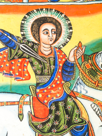 ZIEG ISLAND, ETHIOPIA - July 03, 2016: Murals in Ura Kida Nem Reth Church on Zieg Island, Lake Tana, Ethiopia.のeditorial素材