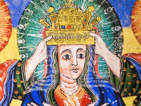 ZIEG ISLAND, ETHIOPIA - July 03, 2016: Murals in Ura Kida Nem Reth Church on Zieg Island, Lake Tana, Ethiopia.のeditorial素材