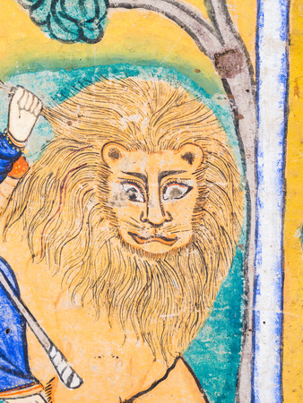 ZIEG ISLAND, ETHIOPIA - July 03, 2016: Murals in Ura Kida Nem Reth Church on Zieg Island, Lake Tana, Ethiopia.のeditorial素材