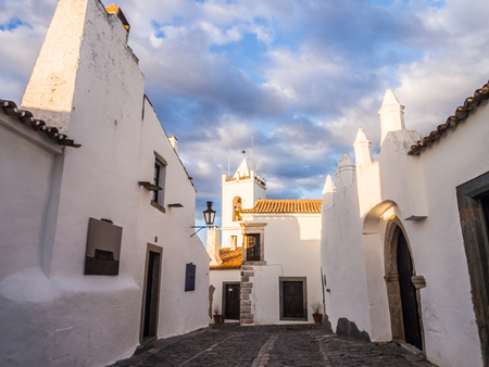 Typical architecture in Monsaraz in Alentejo region, Portugal, at sunset.