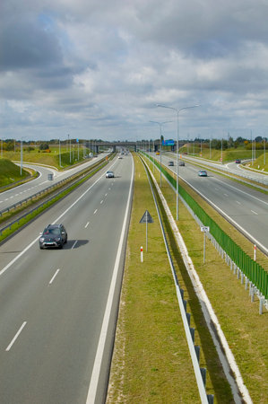 Poznan, Poland - October 2th 2022 - Polish A2 motorway with cars and trucks.のeditorial素材