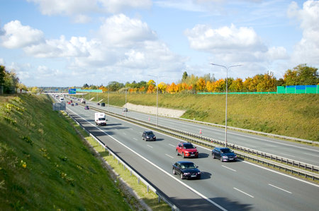 Poznan, Poland - October 9th 2022 - Polish A2 motorway with cars and trucks.のeditorial素材