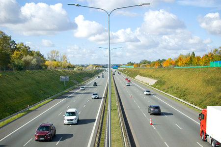 Poznan, Poland - October 9th 2022 - Polish A2 motorway with cars and trucks.のeditorial素材