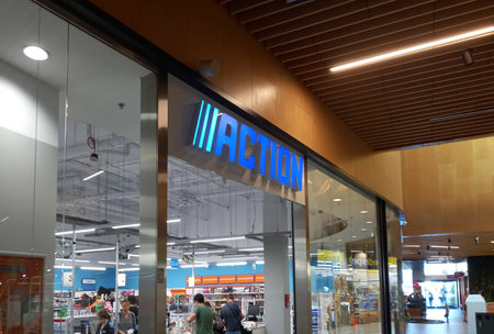 Poznan, Poland - 16 September 2023: Action shop logo inside shopping mallのeditorial素材