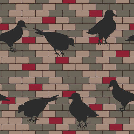 Vector black pigeons on a color brick wall seamless pattern. Ideal for city life and pigeon lovers. Perfect for fabric, wallpaper, scrapbooking and stationery.のイラスト素材