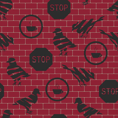 Vector black pigeons on a red brick wall seamless pattern. Ideal for city life and pigeon lovers. Perfect for fabric, wallpaper, scrapbooking and stationery.のイラスト素材