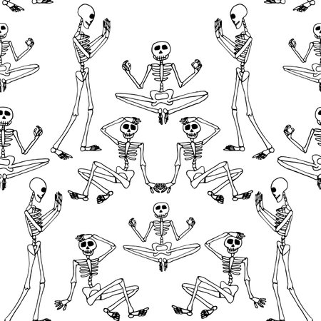 Vector black and white skeleton doodle seamless pattern. Hand drawn, lighthearted and funny design ideal for Halloween. Perfect for fabric, wallpaper, scrapbooking and stationery. Surface patternのイラスト素材