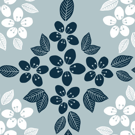 Vector grey white and navy delicate cherry blossom flower geometric seamless pattern. Perfect for clothing, bedding, curtains, upholstery, packaging, wallpaper, stationery and scrapbooking.のイラスト素材