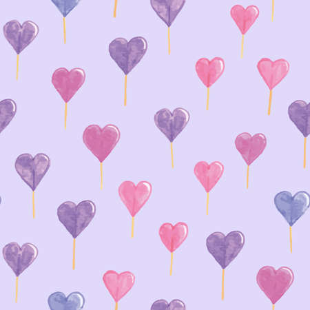 Vector purple watercolour heart lollipop polka dots texture seamless pattern background. Ideal for Valentine, wedding, invitations and expressing love. Perfect for fabric, wallpaper, scrapbooking andのイラスト素材