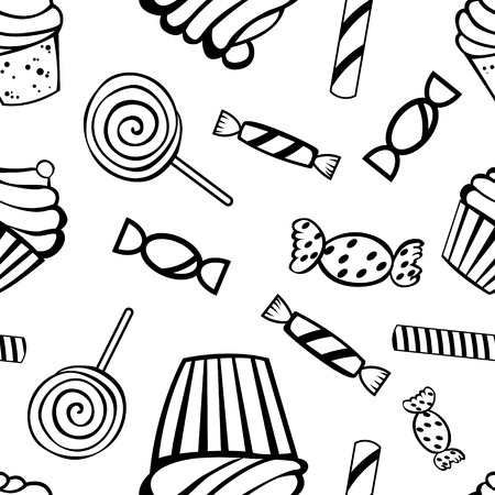 halloween fun and spooky black and white pattern with candiesのイラスト素材