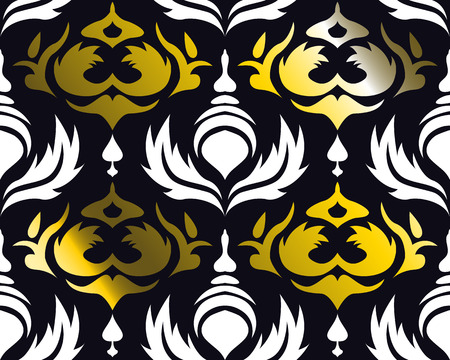 Vector seamless background, drawn in classic floral damask style. Pattern contains golden elements. Suitable for wallpapers, greeting cards and other purposes.のイラスト素材