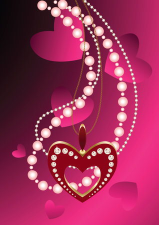 Heart necklace and beads against pink background for valentin day illustration のイラスト素材
