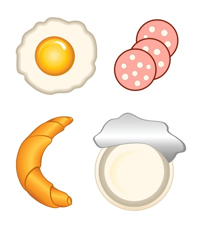 Breakfast icons - egg, sausage, bakery and yogurt, isolated on whiteのイラスト素材