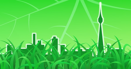 Green meadow and city skyline, ecological backgroundのイラスト素材