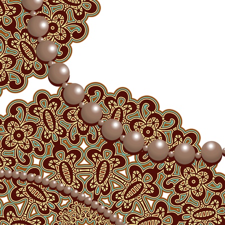 Lace ornament and strings of pearls on whiteのイラスト素材