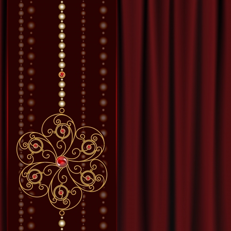 Jewelry background, gold flower pendant on red draperyのイラスト素材