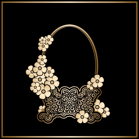 Vintage gold basket with flowers, decorative frameのイラスト素材