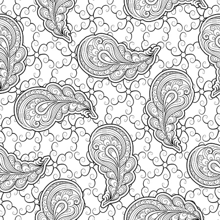 Paisley seamless pattern, monochrome feathers ornamentのイラスト素材