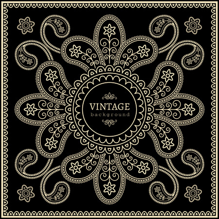 Gold ornamental frame, swirly floral decoration on black backgroundのイラスト素材
