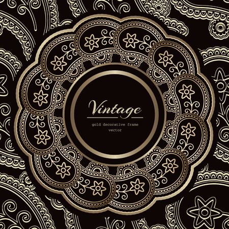 Vintage gold background, ornamental label, decorative round frame over patternのイラスト素材