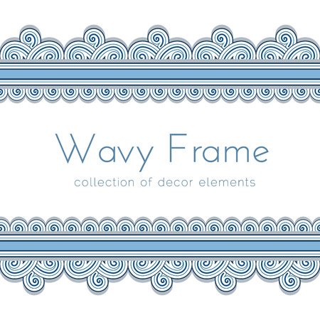 Blue waves background, ornamental frame with seamless borders on whiteのイラスト素材