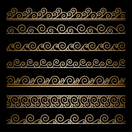 Set of wavy gold borders, ornamental lines on blackのイラスト素材