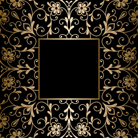 Vintage gold background, square ornamental frame on blackのイラスト素材
