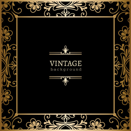 Vintage gold background, square ornamental frame on blackのイラスト素材