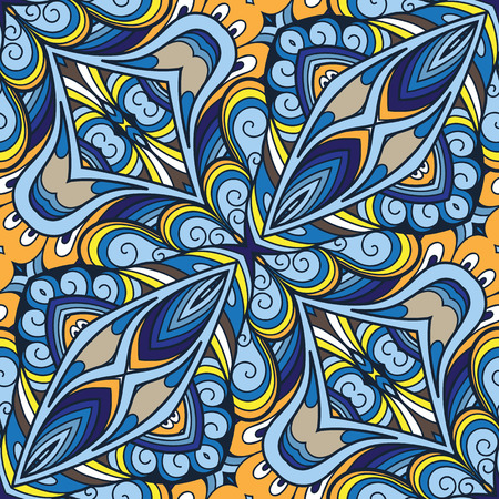 Abstract colorful swirls, blue and yellow repeating ornament, diagonal seamless patternのイラスト素材
