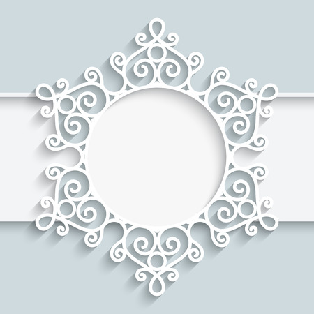 Paper frame with ornamental lace border,  round vignette, lacy label on white backgroundのイラスト素材