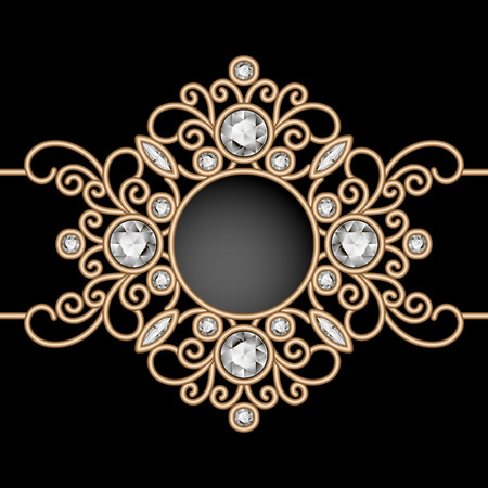 Vintage gold background, diamond vignette, swirly jewelry frame on blackのイラスト素材