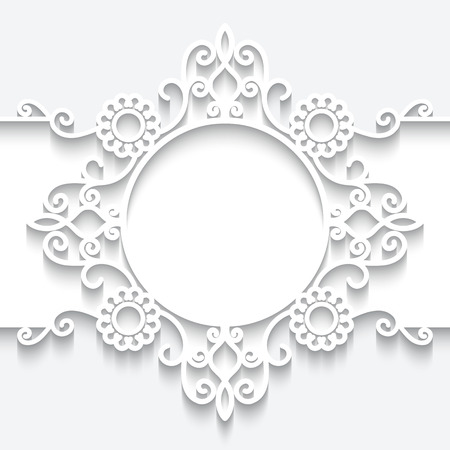 Paper frame with shadow, ornamental lacy label on white backgroundのイラスト素材