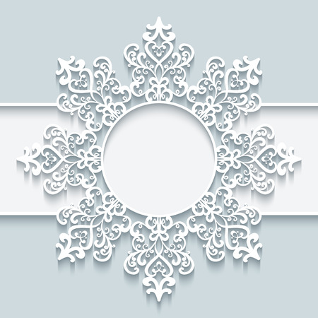 Ornamental frame with paper swirls, round vignette, cutout lacy snowflakeのイラスト素材