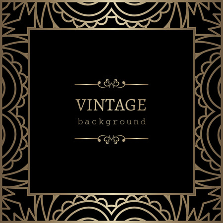 Vintage gold background, square ornamental frame on blackのイラスト素材