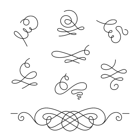 Set of calligraphic swirls and dividers, decorative design elements, simple swirls and flourishes on white, scroll embellishment in retro styleのイラスト素材