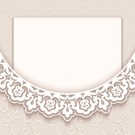 Elegant greeting card with lace decoration, vintage wedding invitation or announcement template