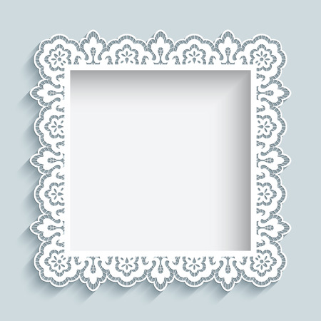 Square frame with cutout paper lace border ornament, lacy background, greeting card or wedding invitation templateのイラスト素材
